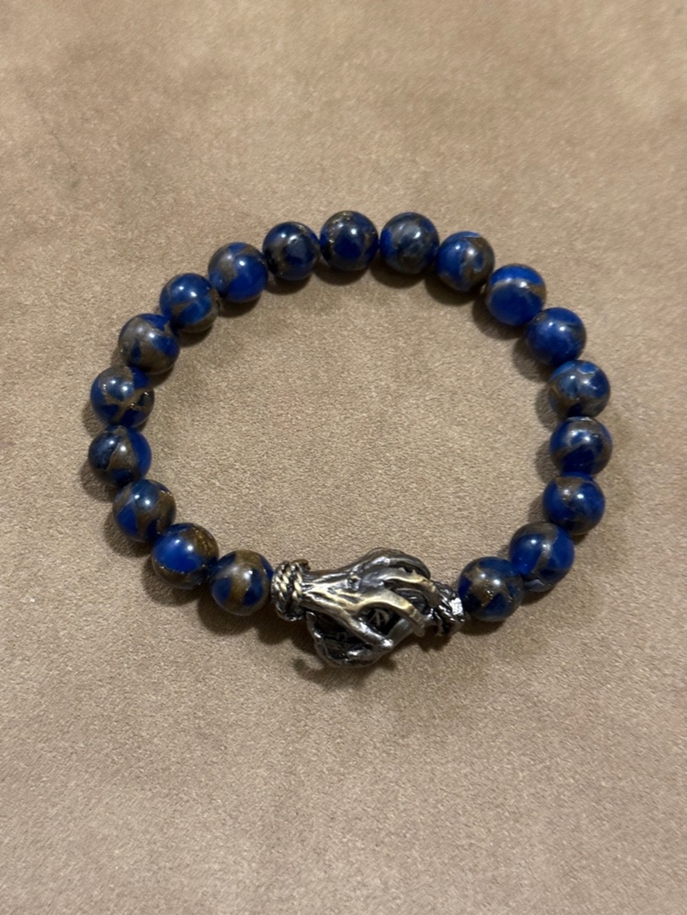 8mm Blue and Brown Beaded Men’s Bracelet with Holding Hands